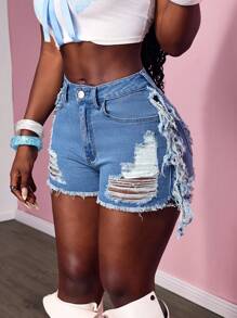 Slaydiva Women Distressed Denim Cutoff Shorts With Slant Pockets, Summer - Blue - View 2