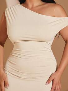 SHEIN BAE 大码女式优雅不对称长款鱼尾连衣裙，百搭日常穿着，适合约会、聚会、派对、俱乐部郊游、万圣节、情人节、婚礼、舞会 - 杏色 - 查看 7