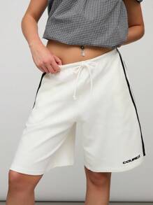 COUREZ 带品牌标志和侧条纹的运动短裤/女士夏季短裤/街头休闲/Y2K 100%纯棉复古 - 白色 - 查看 6