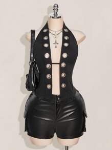 SHEIN ICON Áo hở vai Peplum dệt kim trang trí kim loại cỡ lớn, cổ khoét lỗ, áo hở vai gợi cảm Y2K - màu đen - Xem 5