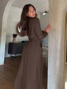 Cloudara 休闲风格，亚麻外观，系腰带长衬衫裙，适合端庄 - 棕色 - 查看 5