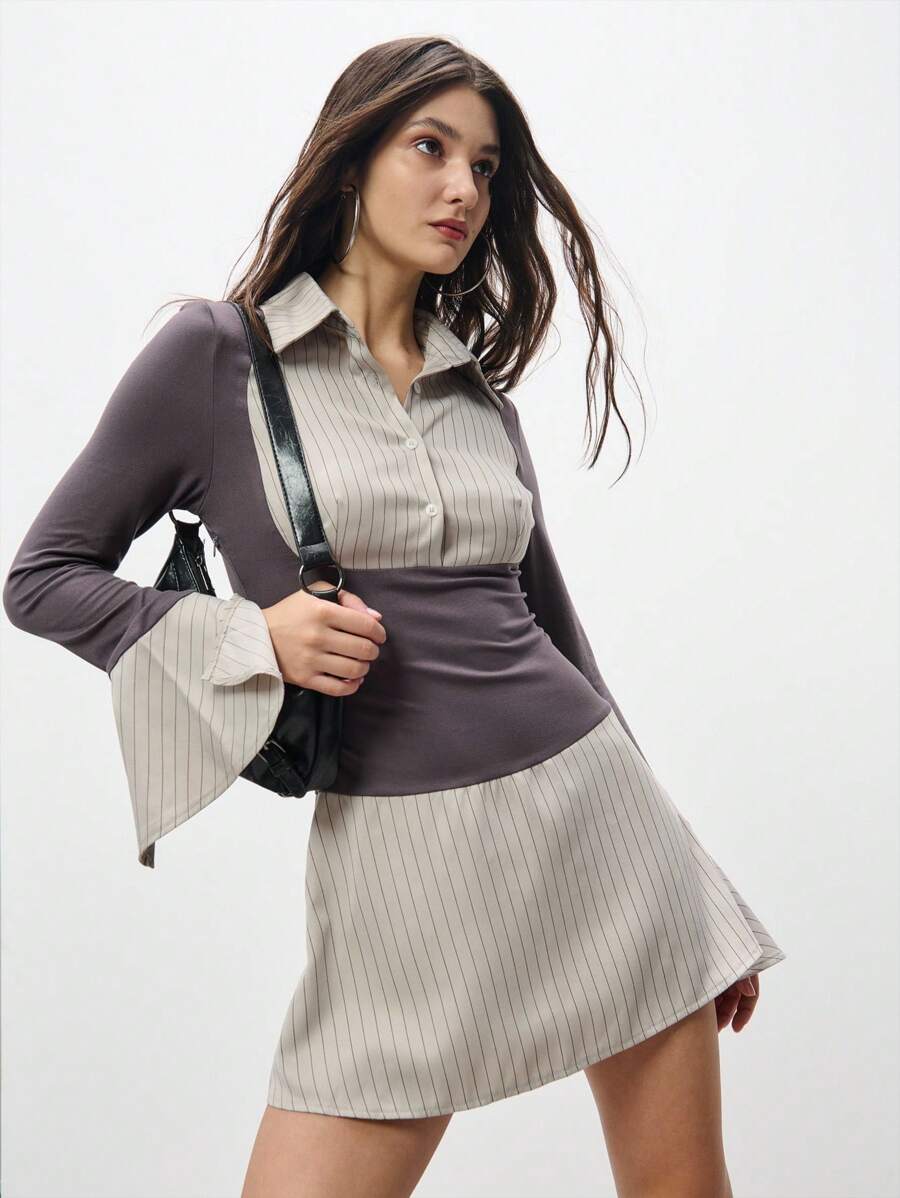 SHEIN Unity Color Block Stripe Spliced Oversized Cuff Long Sleeve Shirt Dress,Valentines Outfit - Multicolor - View 1
