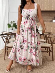 Allurite Váy Maxi không tay họa tiết hoa giản dị đi làm & nghỉ mát thanh lịch mùa xuân/hè/thu có thắt lưng & cổ vuông, thời trang & đa năng, vải thoải mái, cỡ lớn, màu mơ - Màu be - Xem 3