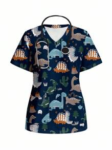 PopScrub Casual Minimalist Cartoon Dinosaur Print Scrub Top - Multicolor - View 1