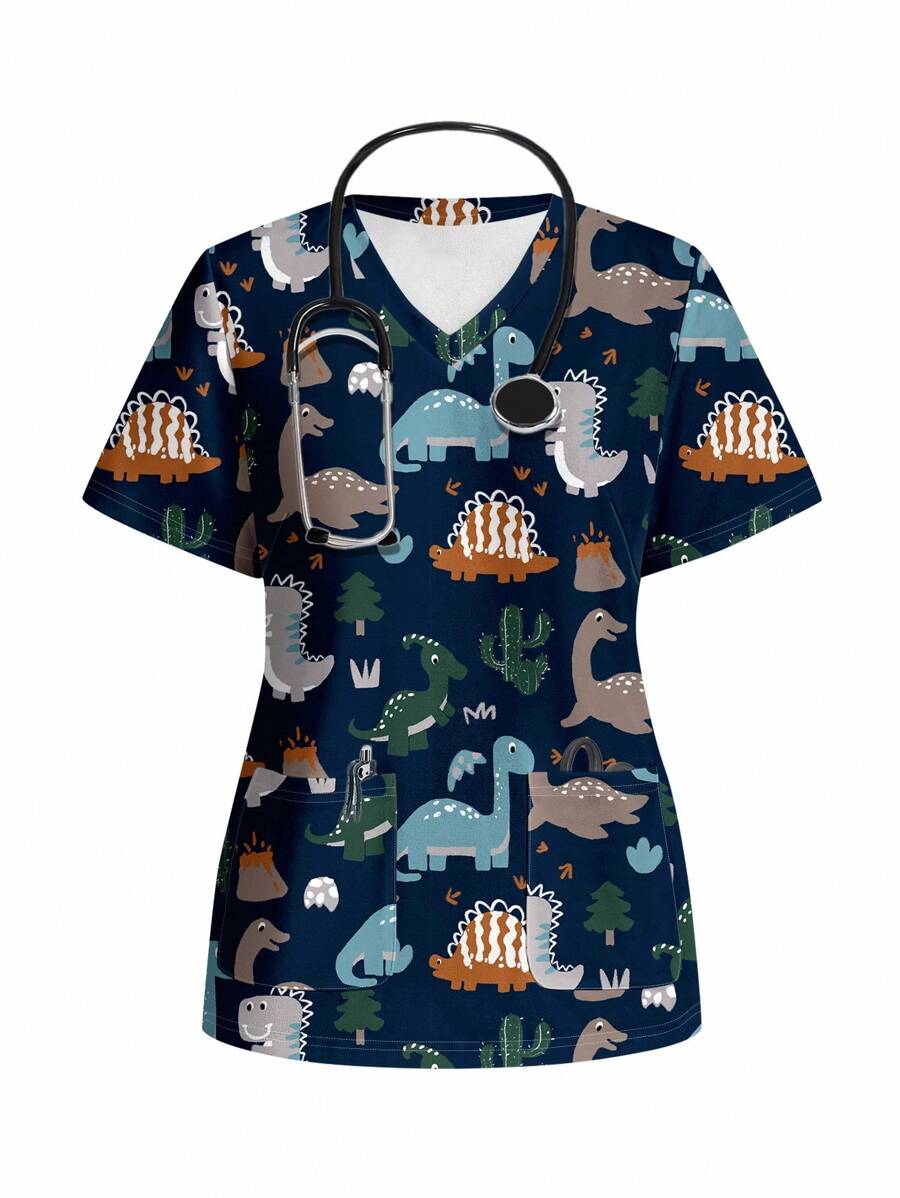 PopScrub Casual Minimalist Cartoon Dinosaur Print Scrub Top - Multicolor - View 1