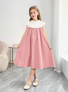 SHEIN 女童撞色荷叶边装饰宽松A字形无袖休闲连衣裙 - 藕粉色 - 查看 5
