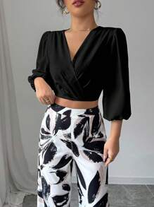 Elenzga 2 件套女士优雅浪漫泡泡袖度假上衣和花卉印花阔腿裤套装 - 黑色 - 查看 4