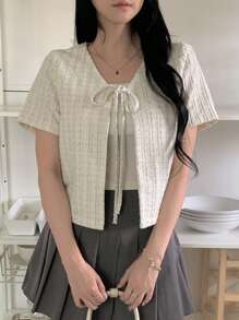 DAZY Women's Summer Textured Fabric Drawstring Plaid Short Sleeve Cropped Lightweight Casual Jacket - White - View 7