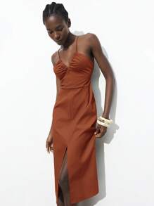 Maija 2025 秋冬新款棕色系带蝴蝶结前开衩设计连衣裙，优雅都市浪漫朴素乡村音乐节复古机场旅行婚礼宾客生日万圣节商务休闲办公室约会派对外出机场装性感连衣裙优雅圣诞节 - 鏽棕色 - 查看 6