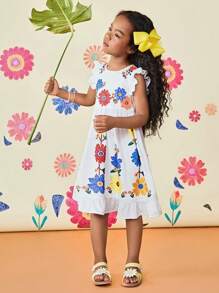 Robe casual à col rond avec volants et imprimé floral mignon pour jeune fille - Blanc - Voir 5