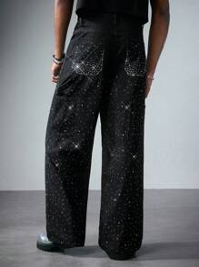 ROMWE MEN Street Life Men's Fashionable Washed Distressed Rhinestone Straight-Leg Jeans