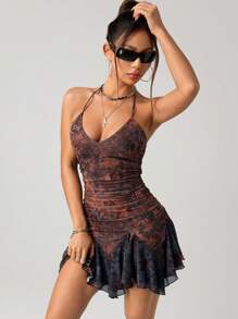 SHEIN ICON Y2K 西部波西米亚乡村音乐会棕色佩斯利印花复古撞色印花露背迷你挂脖连衣裙 - 彩色 - 查看 6