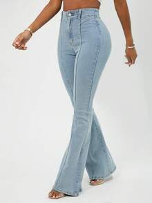 SHEIN Essnce 高腰牛仔喇叭褲 - 淺色水洗藍 - 查看 7