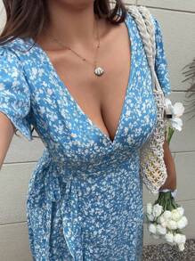 Flirla 大码交叉领口短袖荷叶边下摆褶饰拼布连衣裙 - 彩色 - 查看 5