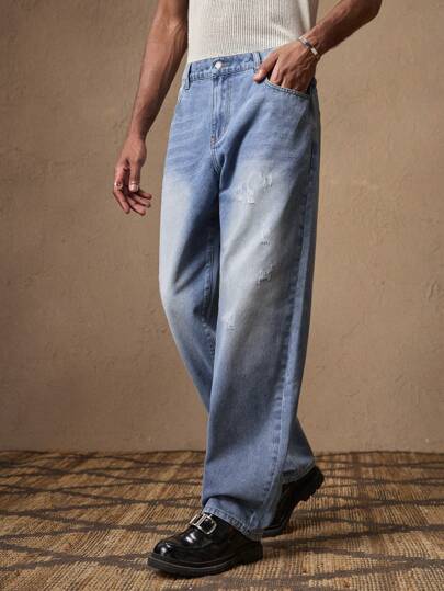 AKNOTIC Business Casual 男士梭织休闲宽松松紧腰直筒纯色长裤，日常街头服饰