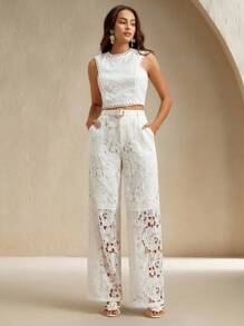 Anewsta 女士优雅约会之夜白色多层花卉蕾丝裤 - 白色 - 查看 3