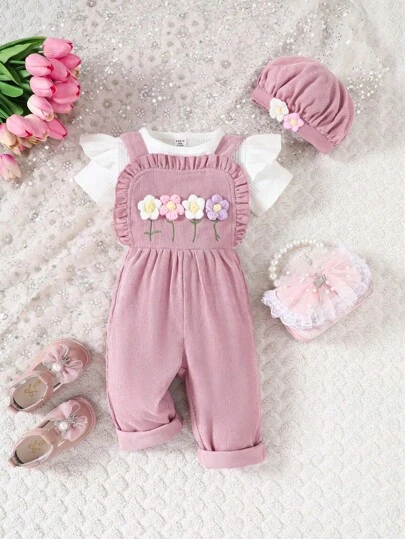SHEIN Vintaside Kids Baby Girl 2pcs/Set Corduroy Embroidered Jumpsuit With 3d Floral Details And Matching Hat
