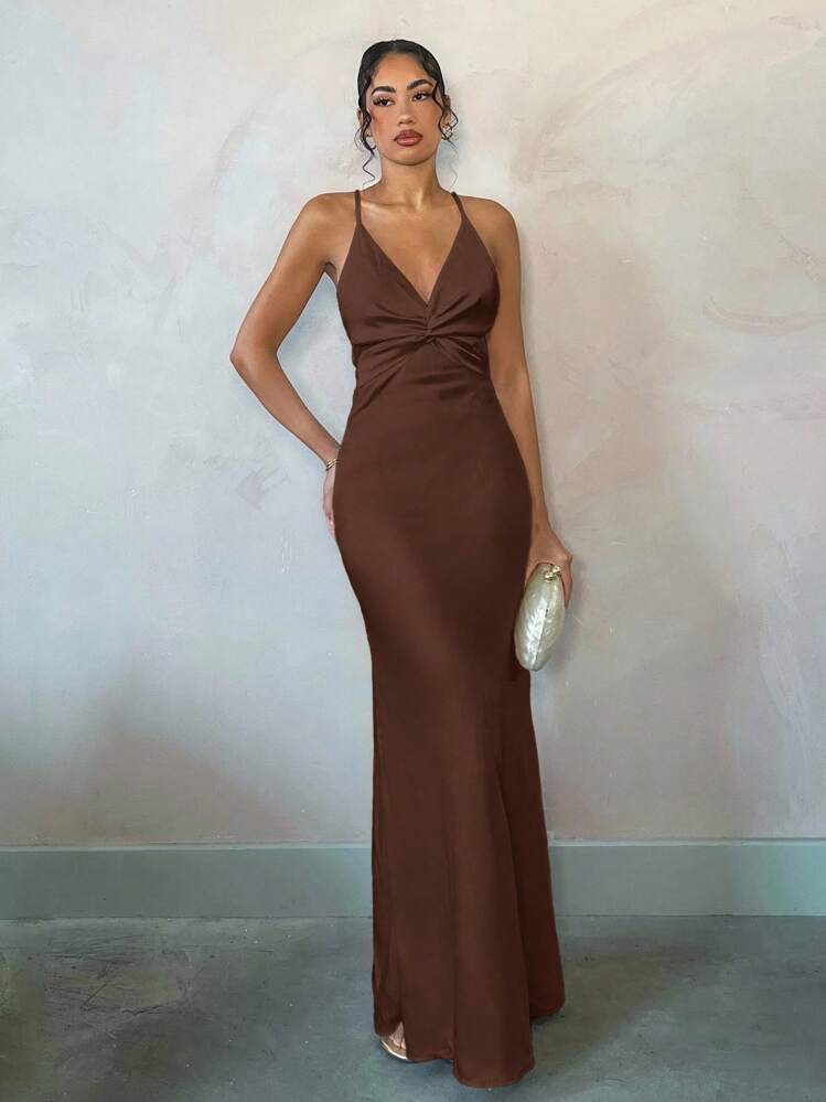 SHEIN BAE Vestido largo de satén liso de color albaricoque elegante con espalda abierta y lazo, adecuado para citas diarias, salidas nocturnas, discotecas, fiestas, galas, cócteles, fiestas junto a la piscina, vacaciones - Café integral - Añade 4