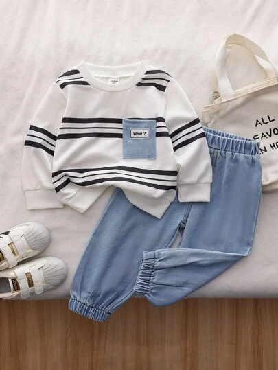 SHEIN Vintaside Kids 男婴两件套服装 - 长袖条纹字母印花上衣搭配简约牛仔裤，适合外出、日常穿着、运动和小型派对，春秋季时尚休闲