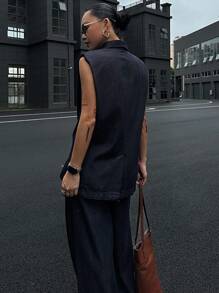 DAZY 女士夏季无袖翻领双排扣牛仔背心和宽松休闲长裤两件套服装套装，休闲牛仔套装 - 深色水洗藍 - 查看 3