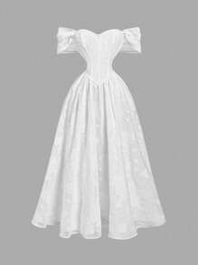 SHEIN MOD 加大码白色露肩露背系带设计，宫廷风连衣裙，优雅长裙 - 白色 - 查看 2