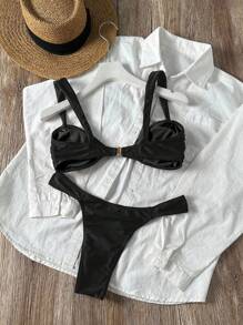 Swim Vcay 2 件套女士性感度假沙滩装，纯色贝壳金属优雅度假黑色比基尼套装，适合夏季 - 黑色 - 查看 2