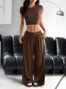 SHEIN Unity Solid Color Short Sleeved Casual Vacation Two Pieces Set For Women In Spring/Summer - Brown - View 1
