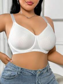 DesireSculpt Plus Size Simple Thin Underwire Wireless Bra, Lift And Gather, Without Padding White Bra Plus Size Bra Cute Bra White Ribbed Bra Full Coverage Bra - White - View 4