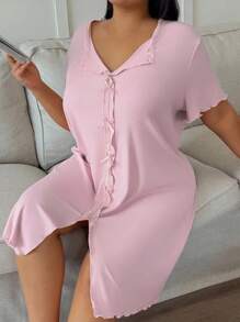 Snug Zone Plus Size Solid Color Bowknot Decor Ribbed Knit Casual Dress, Moo Moo - Pink - View 3