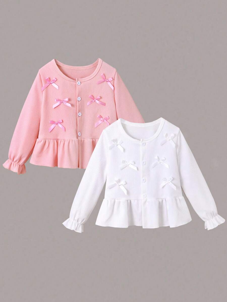 2pcs Young Girl Bow Decor Puff Sleeve Open Front Cardigan Fall Winter - Multicolor - View 1