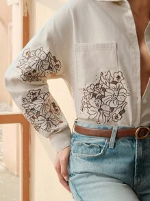 Anewsta 女士时尚刺绣牛仔夹克 - 米色 - 查看 6