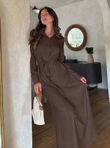 Cloudara 休闲风格，亚麻外观，系腰带长衬衫裙，适合端庄 - 棕色 - 查看 3
