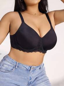 SHEIN 1pc No Wire No Pad Underwire Support Push-Up Plus Size Lace Splicing Bra - Black - View 5