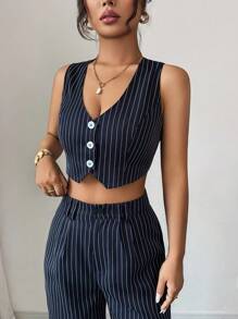 Rafferiza Women Striped Single-Breasted Cropped Vest And Pants Casual 2 Pieces Set - Black - View 5