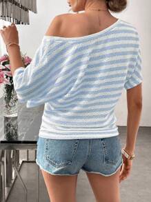 SHEIN LUNE 超大宽松条纹针织上衣，可露肩穿着，女士休闲套头衫