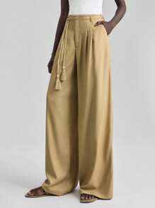 Ontre Pantalones de traje de lino de unicolor, de cintura alta, holgados y casuales, de moda para el verano en otoño/invierno - Caqui - Ver 6