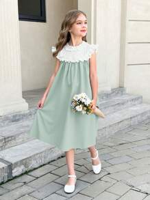 SHEIN Tween-Mädchen Ärmelloses Lässig Kleid in A-Linie mit Farbblock-Muster und Rüschenbesatz