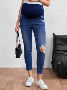 SHEIN 孕妇蓝色破洞修身高腰休闲夏季牛仔裤 - 深色水洗藍 - 查看 4