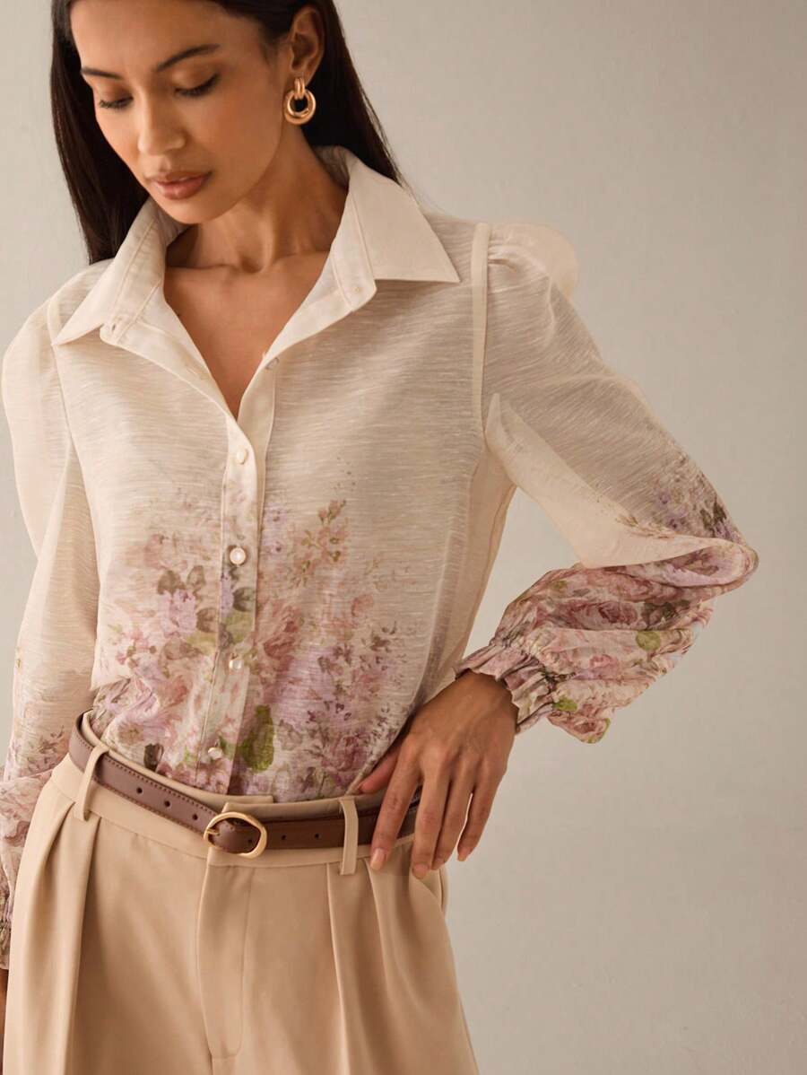 Lilora Áo cánh nữ voan mỏng cao cấp in họa tiết đơn hàng khuy cài ngọc trai tay bồng bèo nhún, cổ áo xếp ly, áo cánh nữ, áo cánh hoa xuân/hè, áo cánh vải lanh in hoa, phong cách đô thị, giải trí đô thị, lãng mạn và thanh lịch, đi chơi - Màu be - Xem 1