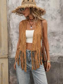 Brillora Spring Boho Hollow Out Fringe Hem Open Front Vest Jacket In Fall/Winter