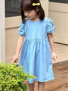 SHEIN Young Girls Floral Petal Sleeve Round Neck Princess Dress - Blue - View 1