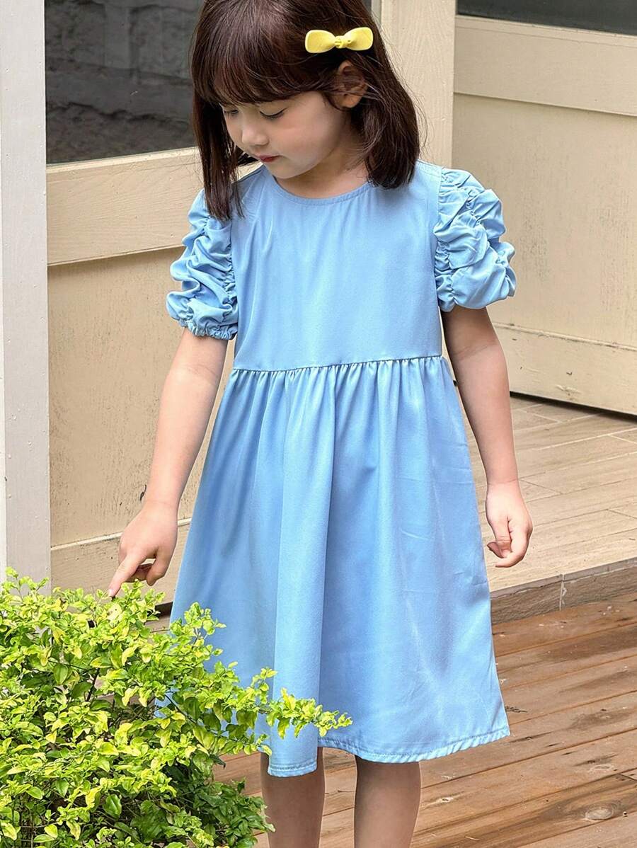 SHEIN Young Girls Floral Petal Sleeve Round Neck Princess Dress - Blue - View 1