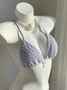 Comfortcana Thong Bikini Summer Vacation Beach Net Halter  Set - Blue - View 6