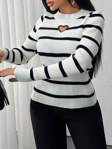 Cute Crew Neck Contrast Color Stripe Heart Shape Cut Out Front Sweater Striped Long Sleeve Top Womens Striped Top Heart Cutout Top Black And White Striped Top Ribbed Striped Top,Jumper,Cream Jumper,Jumpers,Christmas Jumper,Ladies Jumper,Women's Jumpers