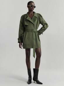 Ontre 2025 Women's Green Long Sleeve Double-Breasted Trench Coat, Casual Daily And Commuting Versatile Coat