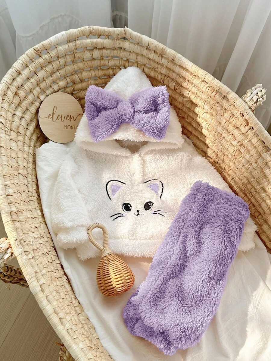 SHEIN 新生女童可爱毛茸茸卡通图案连帽上衣和松紧腰长裤两件套,秋冬 - 淡紫色 - 查看 1