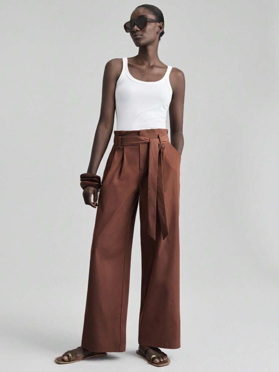 Ontre Ropa de mujer Otoño/Invierno 2025, Atuendos de mujer para Otoño/Invierno, Vuelta al colegio, Halloween, Navidad, Casual de negocios, Básicos versátiles elegantes y retro, Pantalones sueltos de cintura alta con cinturón de unicolor minimalista casual de Nashville