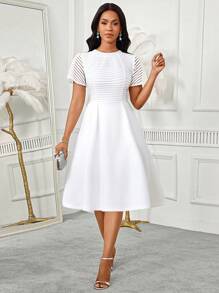 SHEIN Lady Vestido de verano casual y elegante con cuello redondo, mangas con volantes de encaje de malla a rayas, tela resistente, falda de paraguas A-line de cintura ancha, de longitud media, para vacaciones, vestido de invitada de boda, vestido casual de negocios, vestido de mujer para la iglesia, vestido con volantes para conciertos, vestido con peplum para boda - Blanco - Ver 5