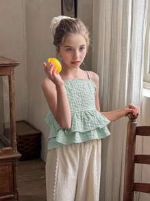 LMoss Kids 女童休闲纯色梭织吊带背心 - 薄荷綠 - 查看 8
