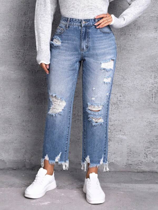 SHEIN Essnce Blugi denim casual pentru femei de mărime mare, cu tiv brut, lejer, în formă de con, cu buzunare